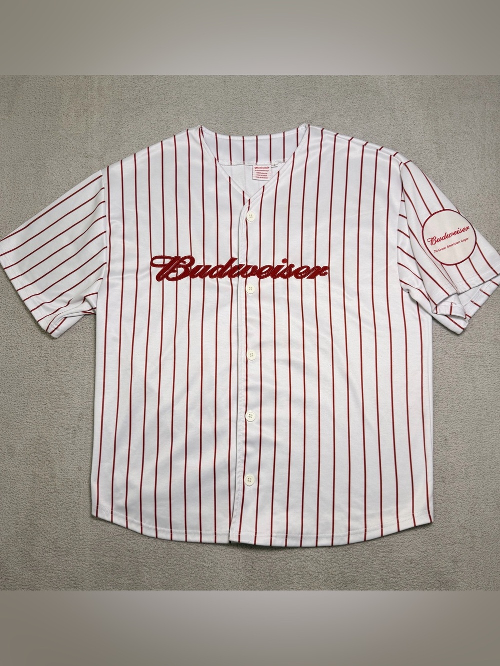 Vintage Budweiser Beer Logo Pinstripe Baseball Jersey Shirt Adult Large #10